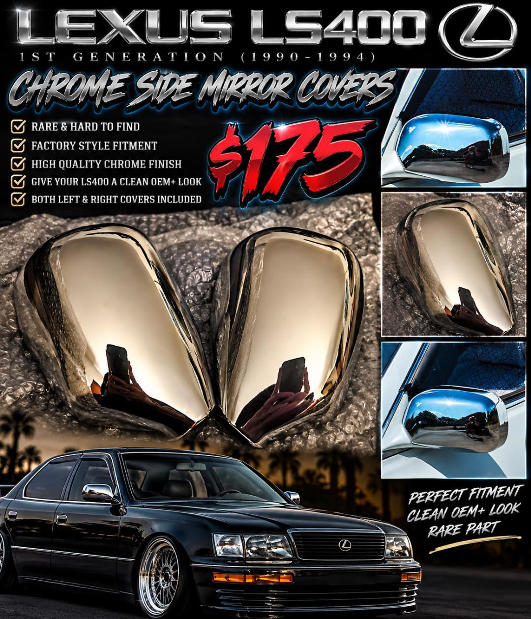 Chrome side mirror covers for first-generation 1990–1994 Lexus LS400, shown as a left and right pair