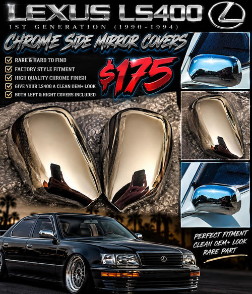 Chrome side mirror covers for first-generation 1990–1994 Lexus LS400, shown as a left and right pair