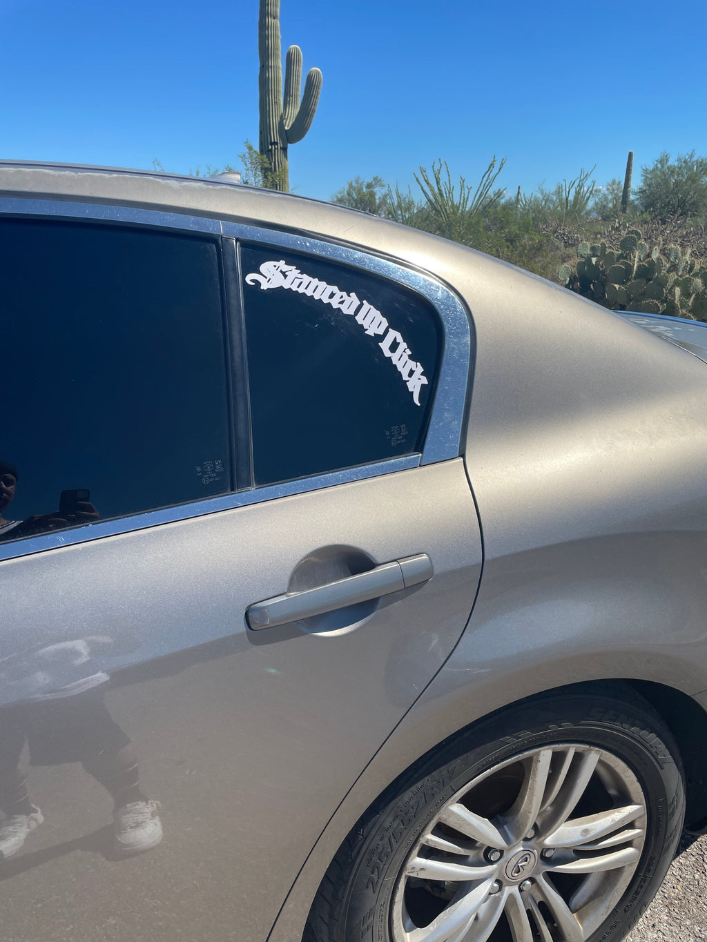 Stanced Up Click Old English decal on Mercedes rear windshield